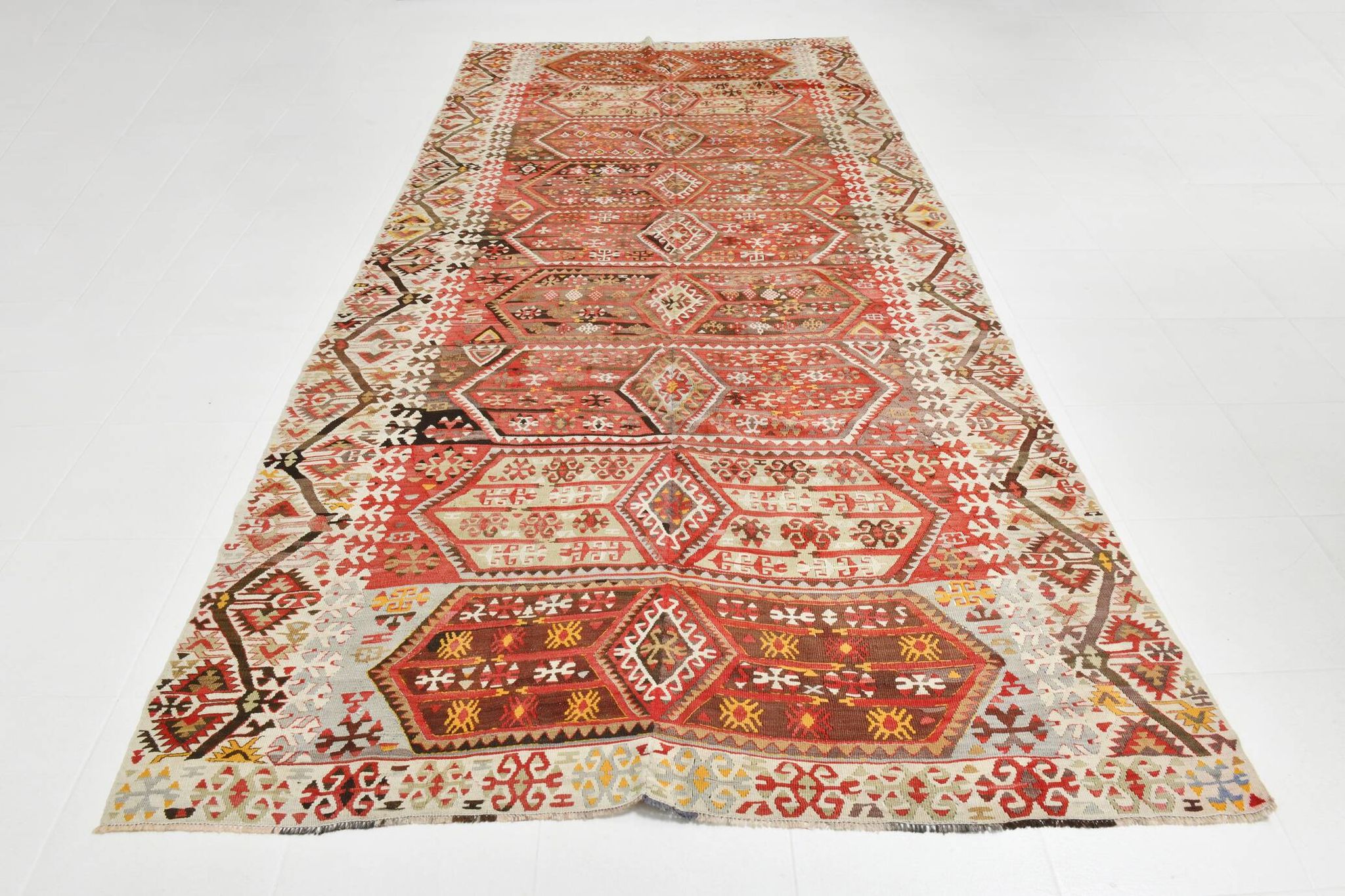 Tapis Kilim en laine beige et rouge 6x13, 193x406 cm