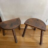 Duo of tripod oak stools