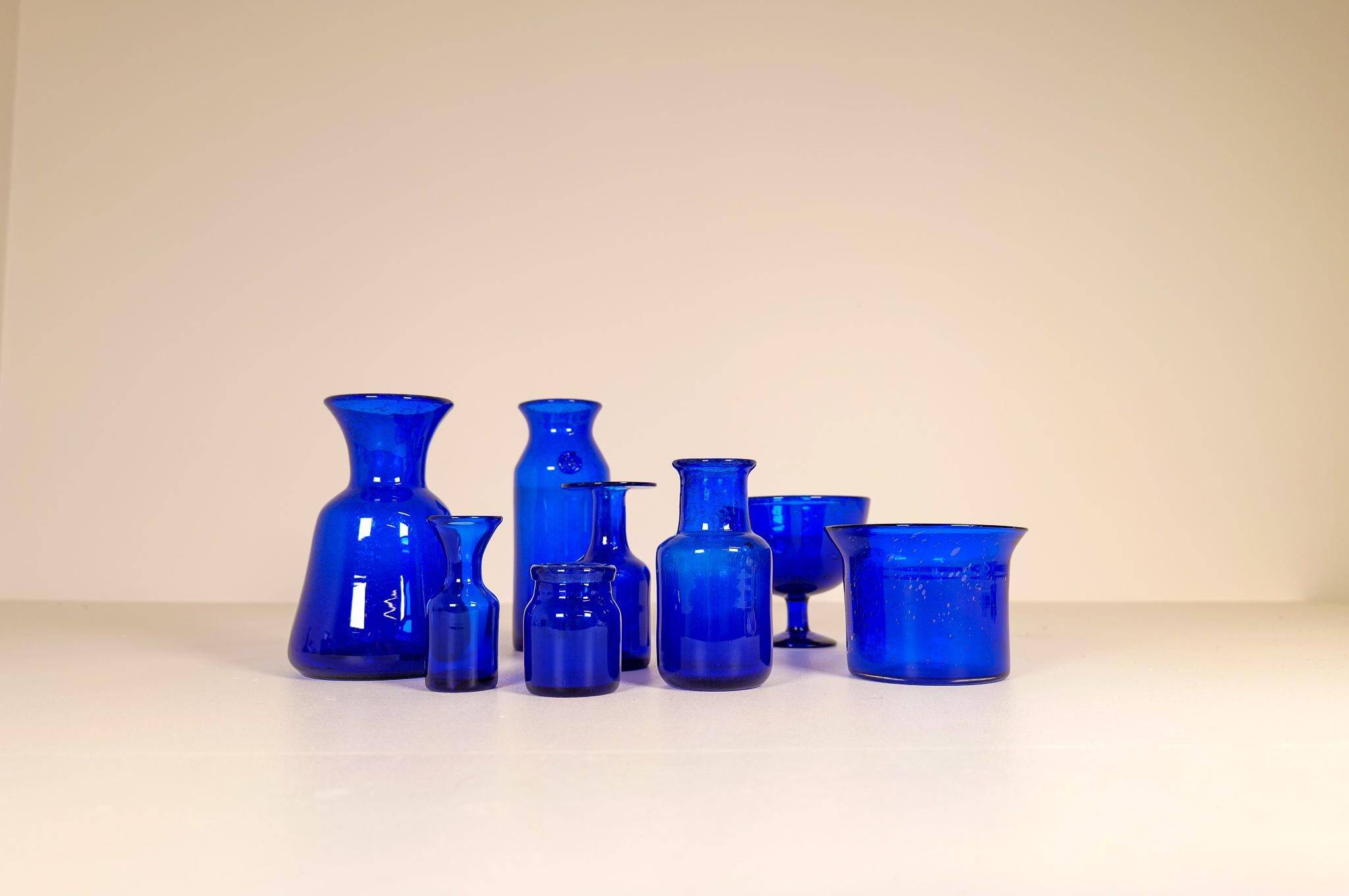 Midcentury collection of eight blue vases by Erik Höglund, Sweden, 1960s.