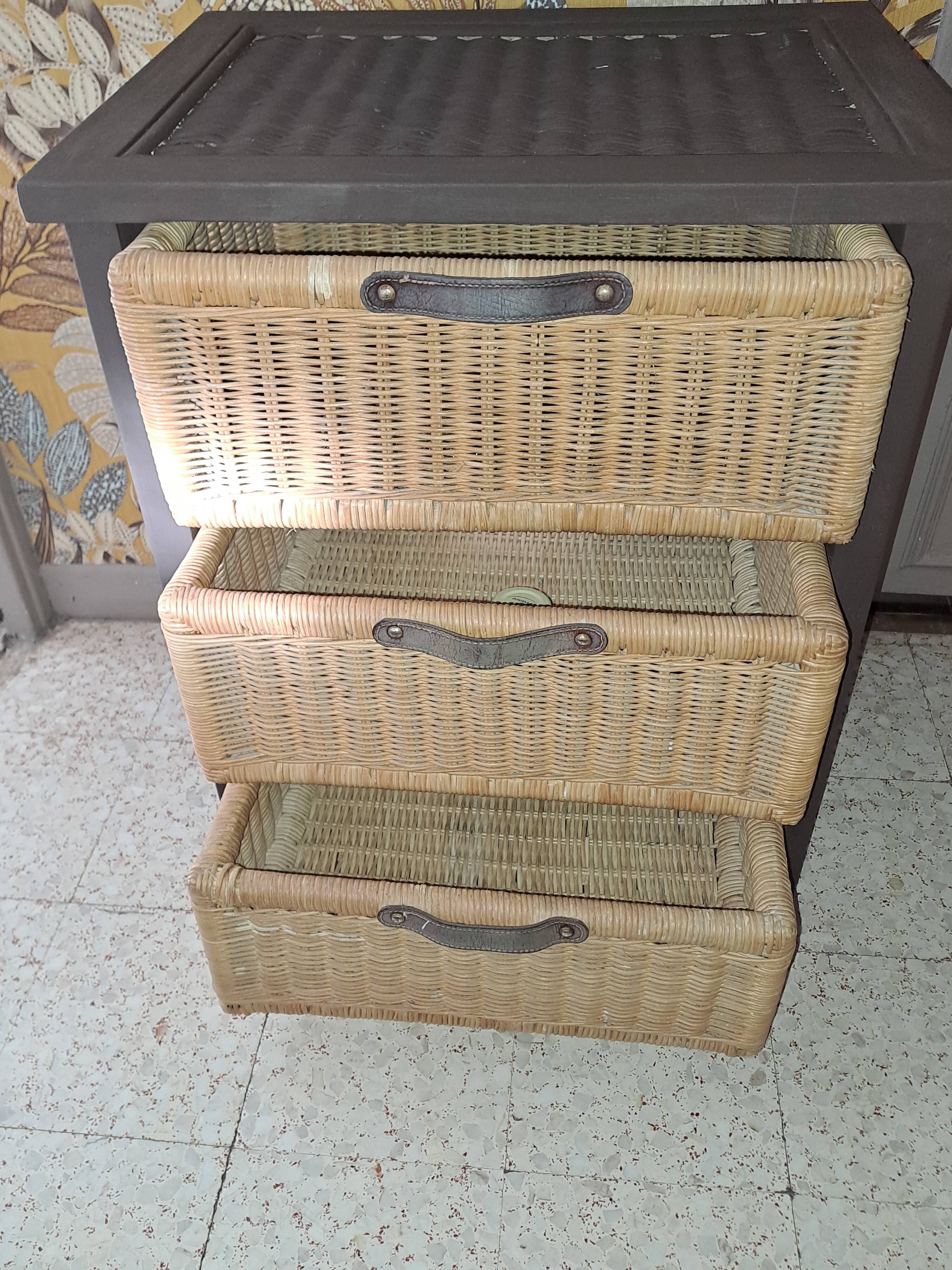 Wooden and wicker storage unit France 1980 / in dark brown repainted wood and 3 wicker drawers