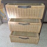 Wooden and wicker storage unit France 1980 / in dark brown repainted wood and 3 wicker drawers