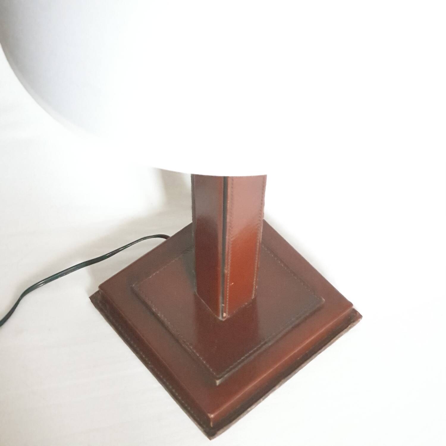Leather lamp, saddle-stitched, 1960s vintage France.