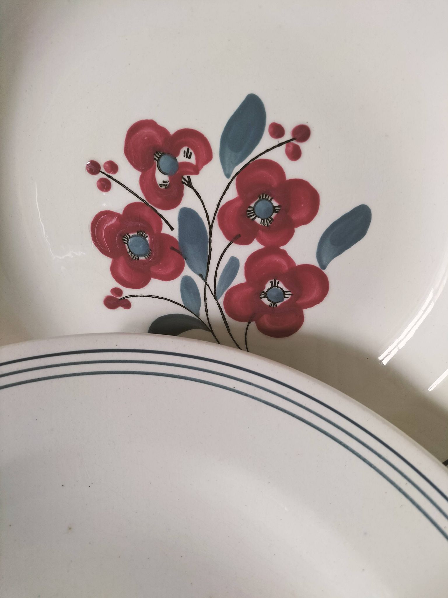 7 Salins Odile soup plates – raspberry flowers & blue border