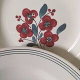 7 Salins Odile soup plates – raspberry flowers & blue border