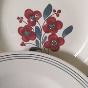 7 Salins Odile soup plates – raspberry flowers & blue border