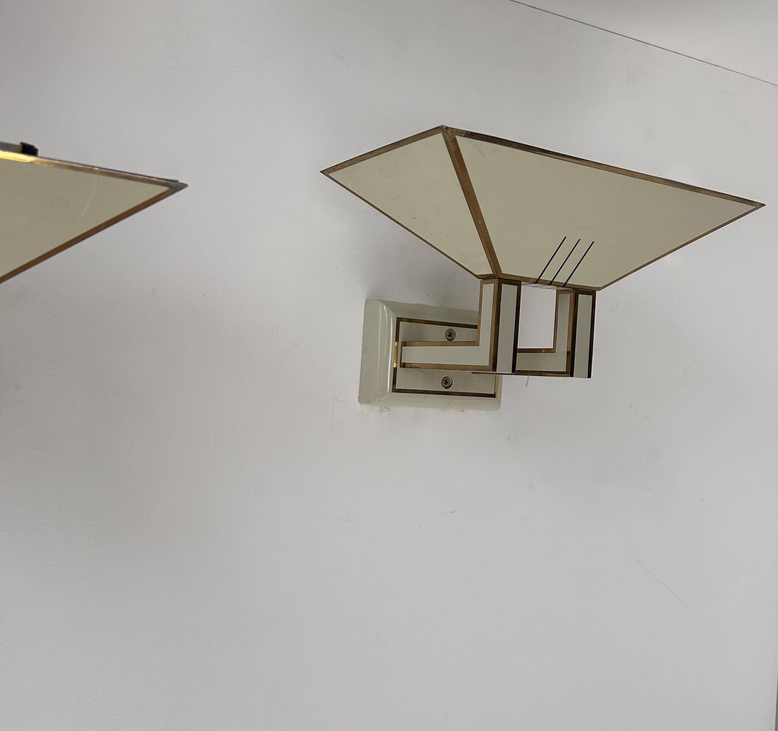 Pair of vintage wall lights, cream white and brass, Italy 1970s