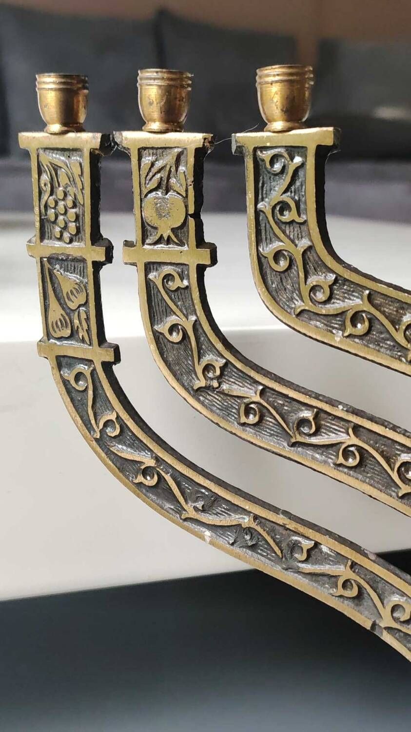 Old Large Menorah/Jewish/Hebrew Candlestick with 7 lights. Signed "Israel". 1950s. Size 23 x 24 cm