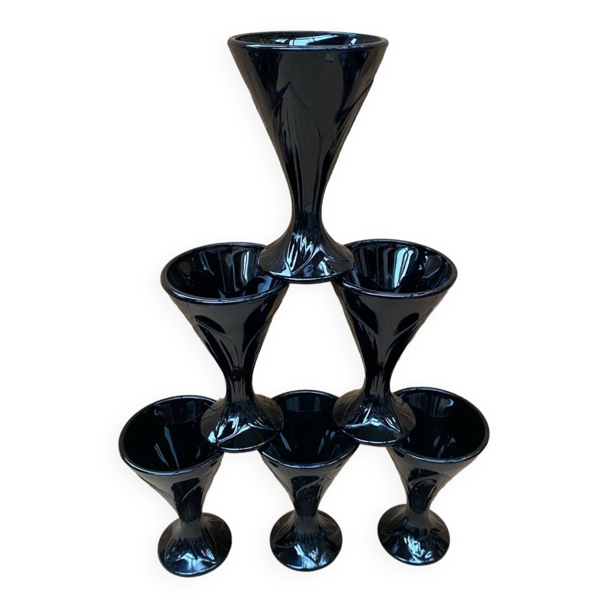 Set of 6 Art Nouveau Ice Cream Cups Black Opaline Glass France Vintage