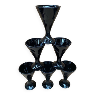 Set of 6 Art Nouveau Ice Cream Cups Black Opaline Glass France Vintage