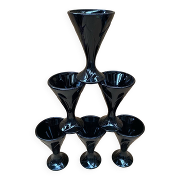 Set of 6 Art Nouveau Ice Cream Cups Black Opaline Glass France Vintage
