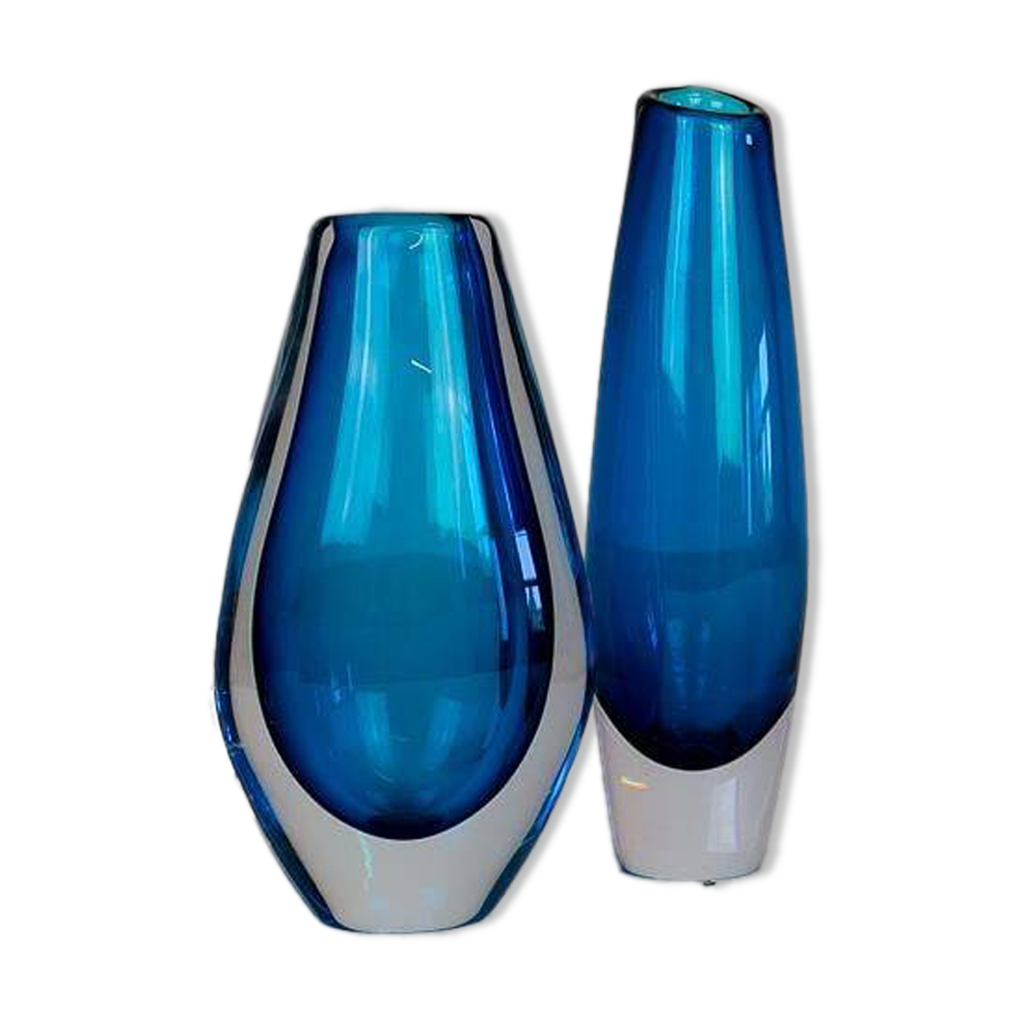 Pair of heavy crystal vases by Orrefors Mid-Century Modern by Sven Palmqvist, light blue.