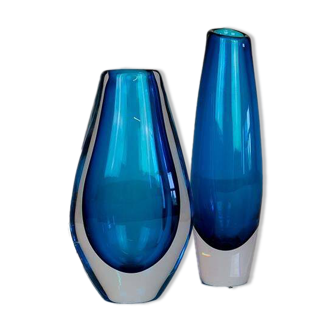 Pair of heavy crystal vases by Orrefors Mid-Century Modern by Sven Palmqvist, light blue.
