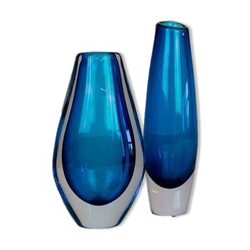 Pair of heavy crystal vases by Orrefors Mid-Century Modern by Sven Palmqvist, light blue.
