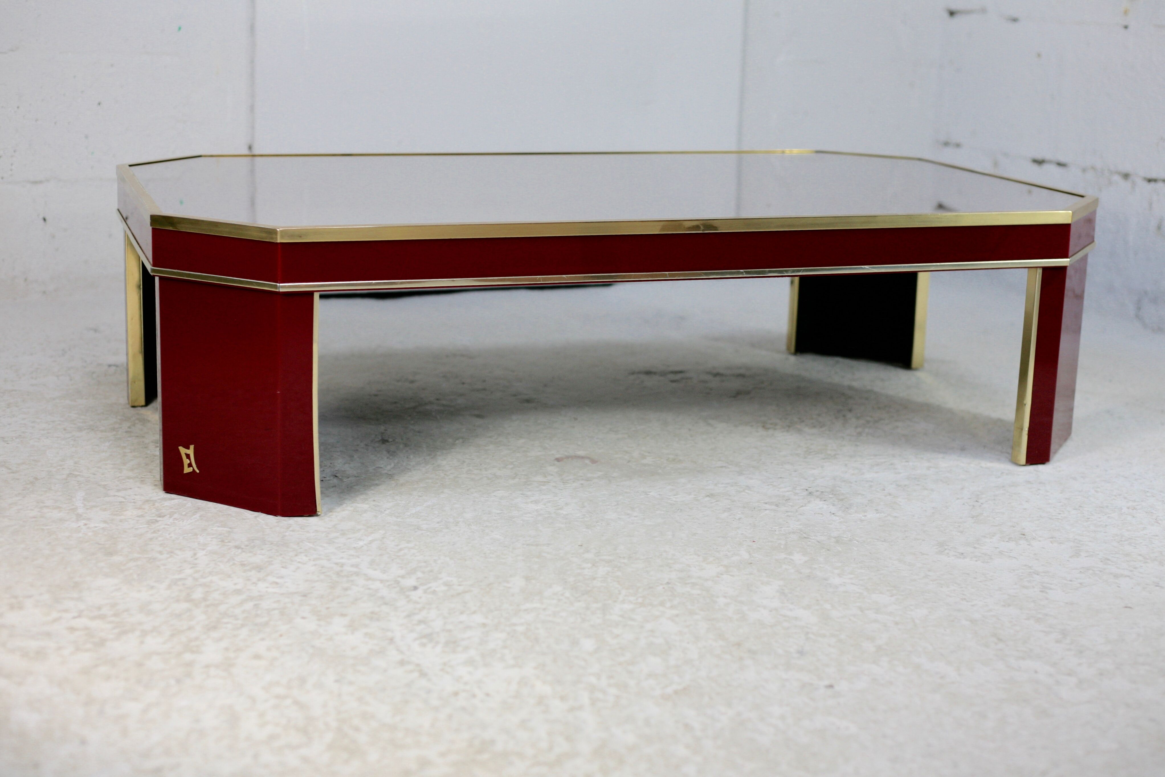 Coffee table Eric Maville glass brass plexiglass wood France, 70s. Small scratches. small