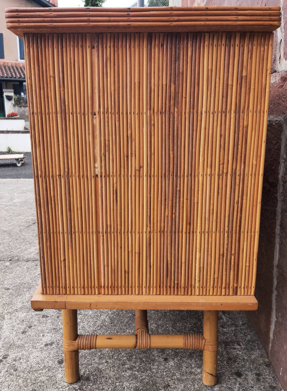 Console table in rattan and bamboo, (Attributed to Audoux-Minet)