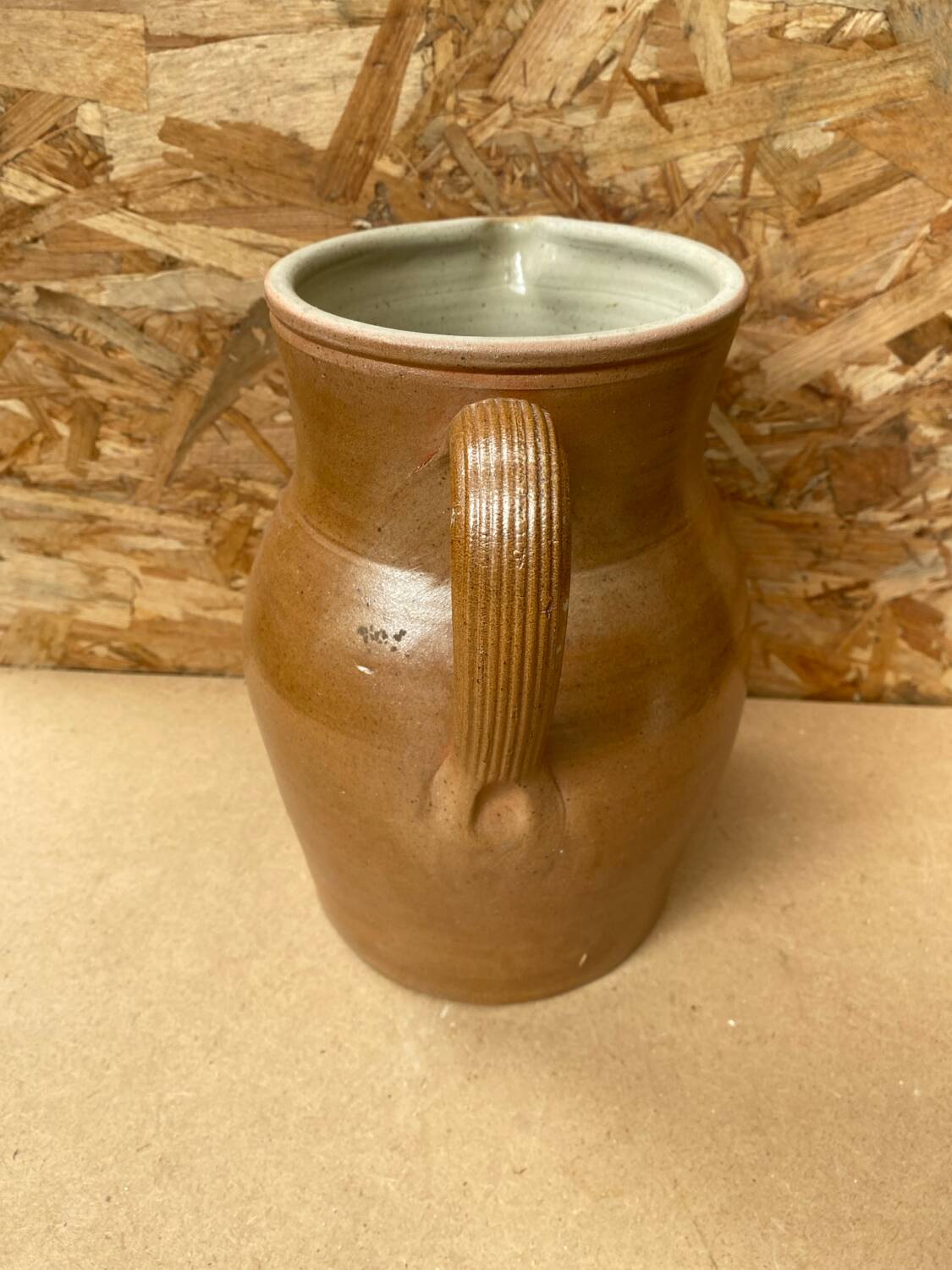 Antique pitcher 5 liters stoneware brown beige white interior vintage