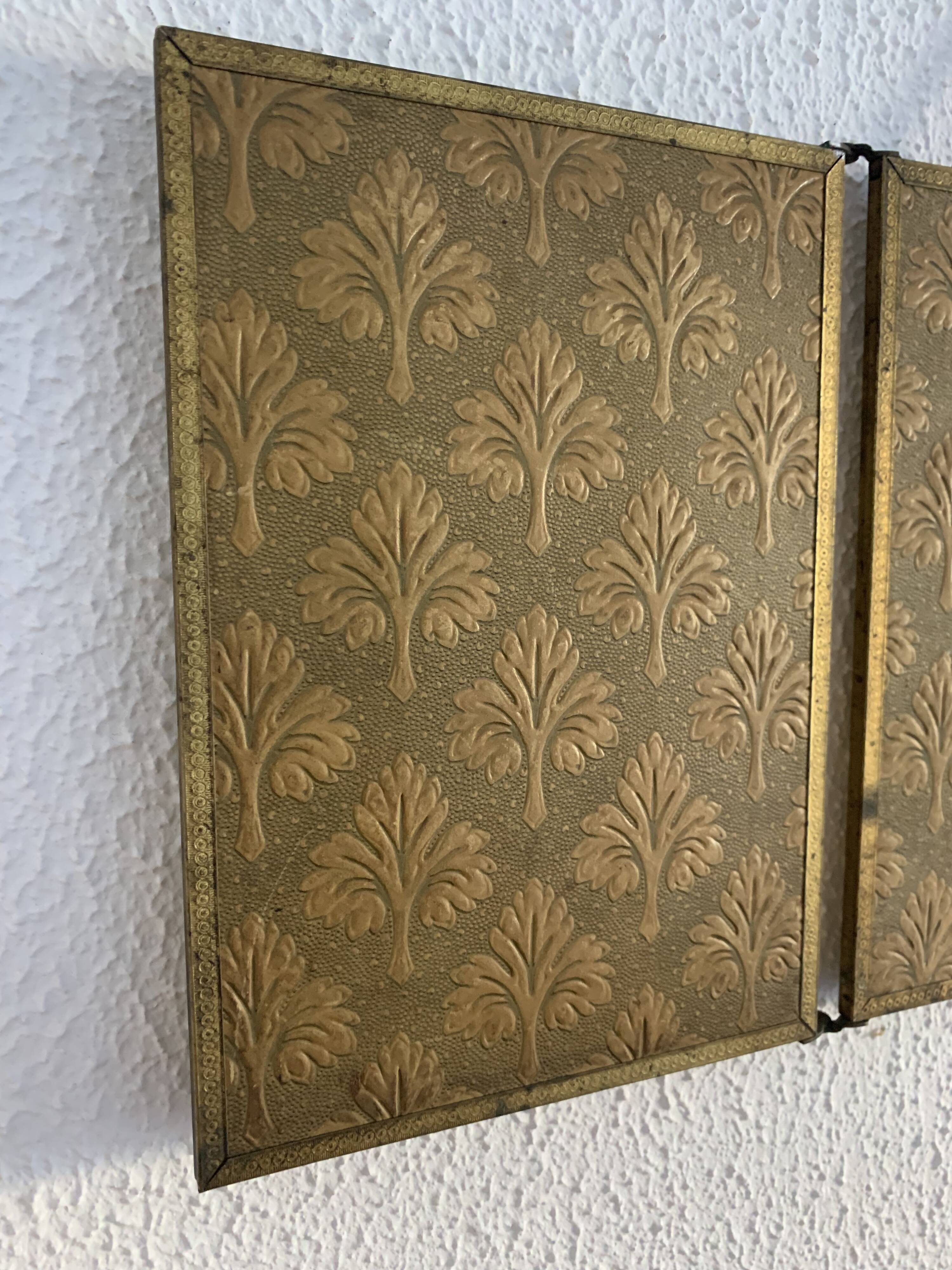Miroir vintage 1900 triptyque barbier Art Nouveau doré - 21 x 48 cm