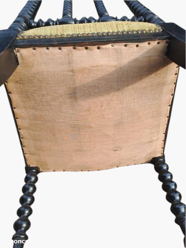 Pair of vintage twisted black wood chairs – Light green fabric seats