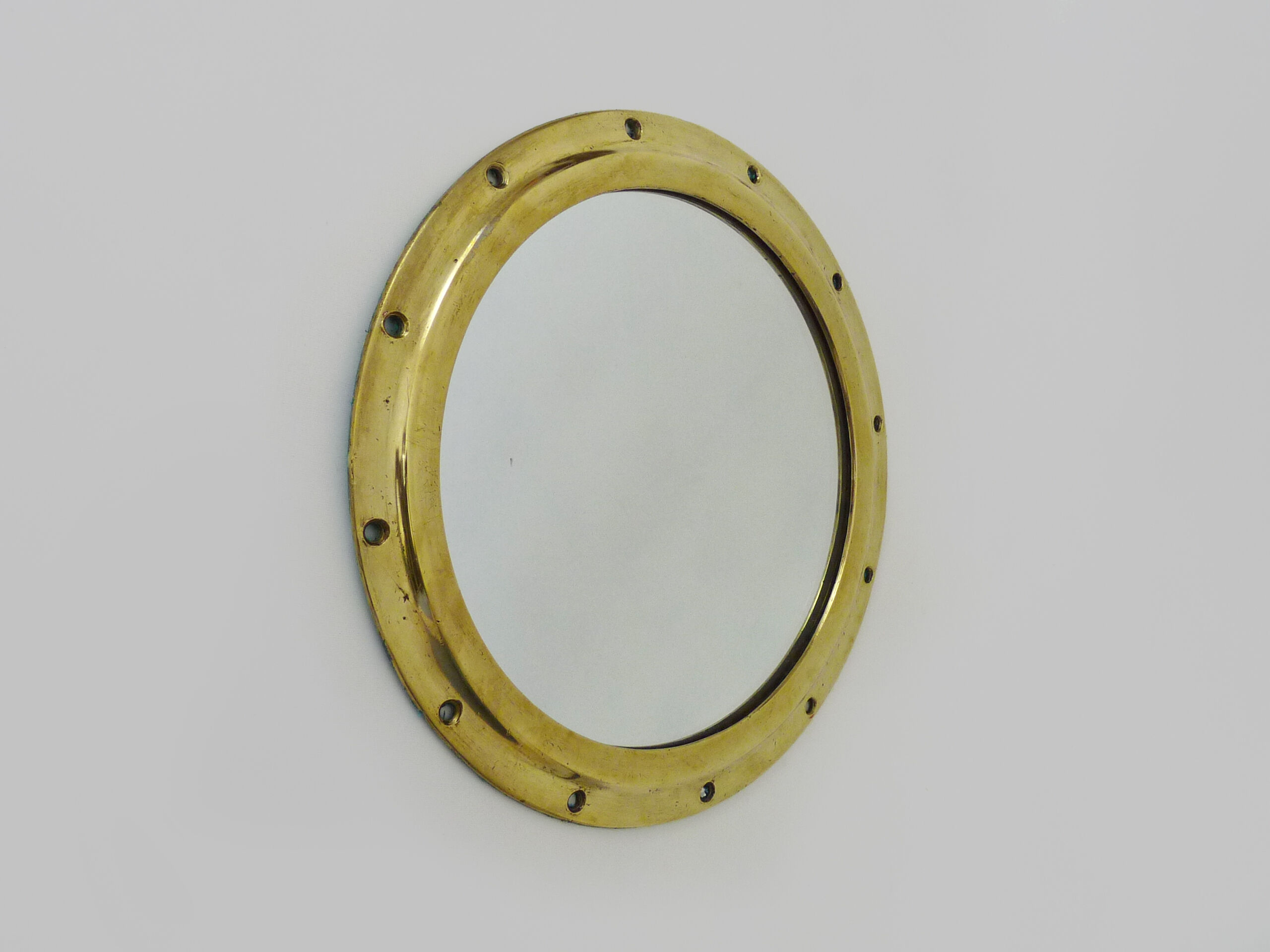 Ancien miroir sabord hublot de bateau en laiton massif, 34,5cm