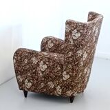 High-Quality Brown Floral Fabric Armchair attr. to Paolo Buffa, Italy