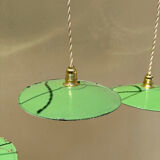 Trio of vintage suspension in green and white enamelled sheet metal indus old farm