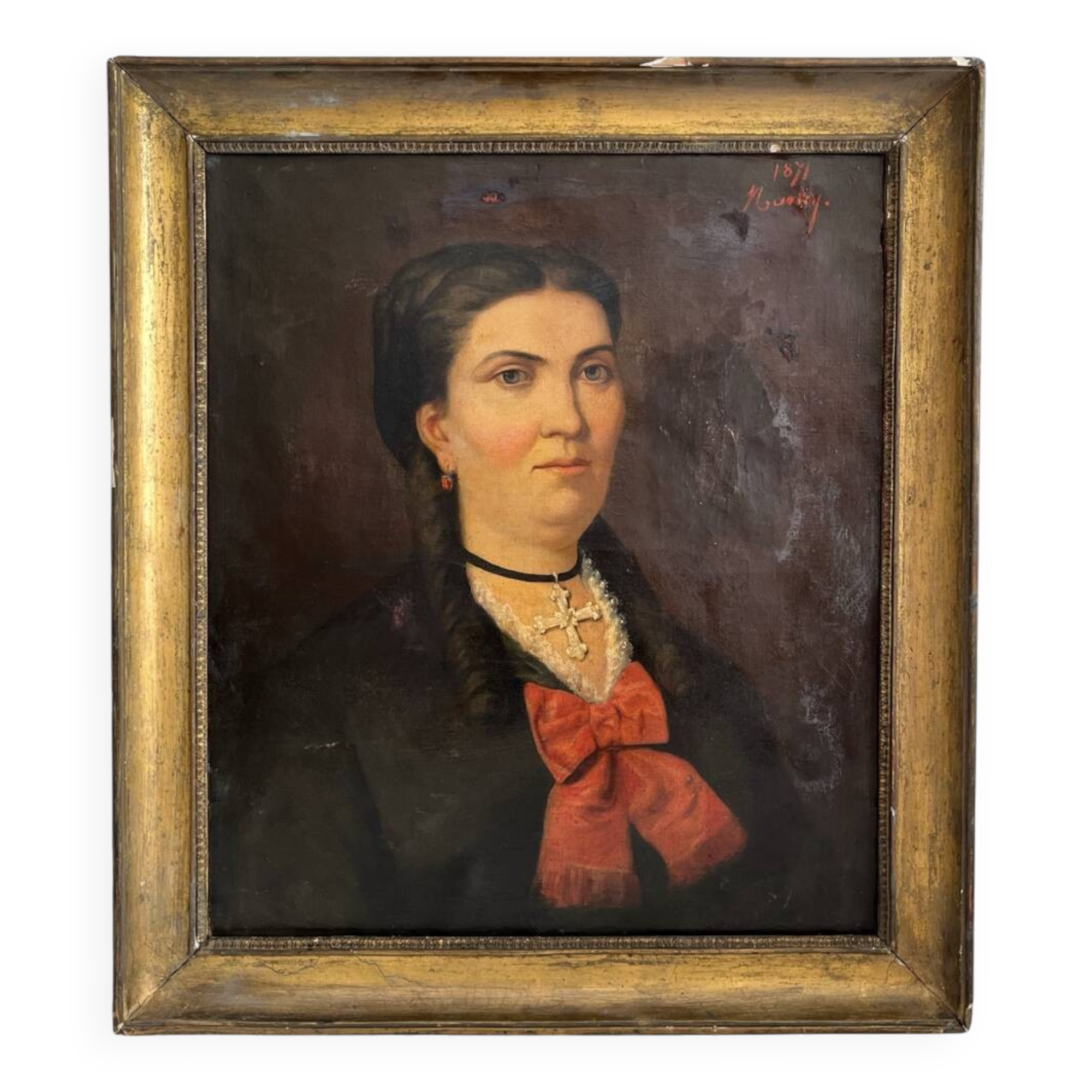 Old oil painting on canvas portrait of a woman with a red bow, late 19th century