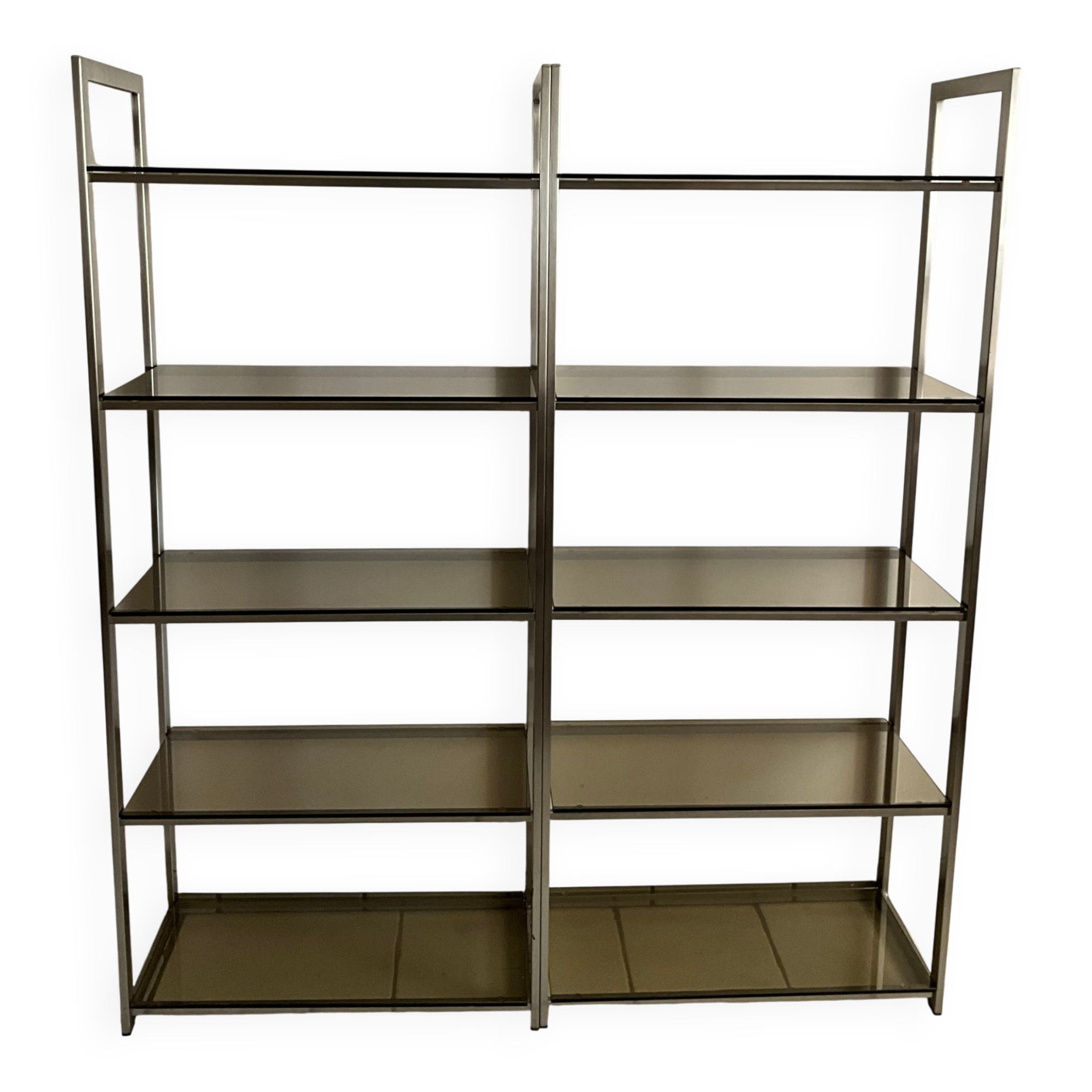 Pair of Artelano bookshelves in anodised metal and smoked glass, 1970s.