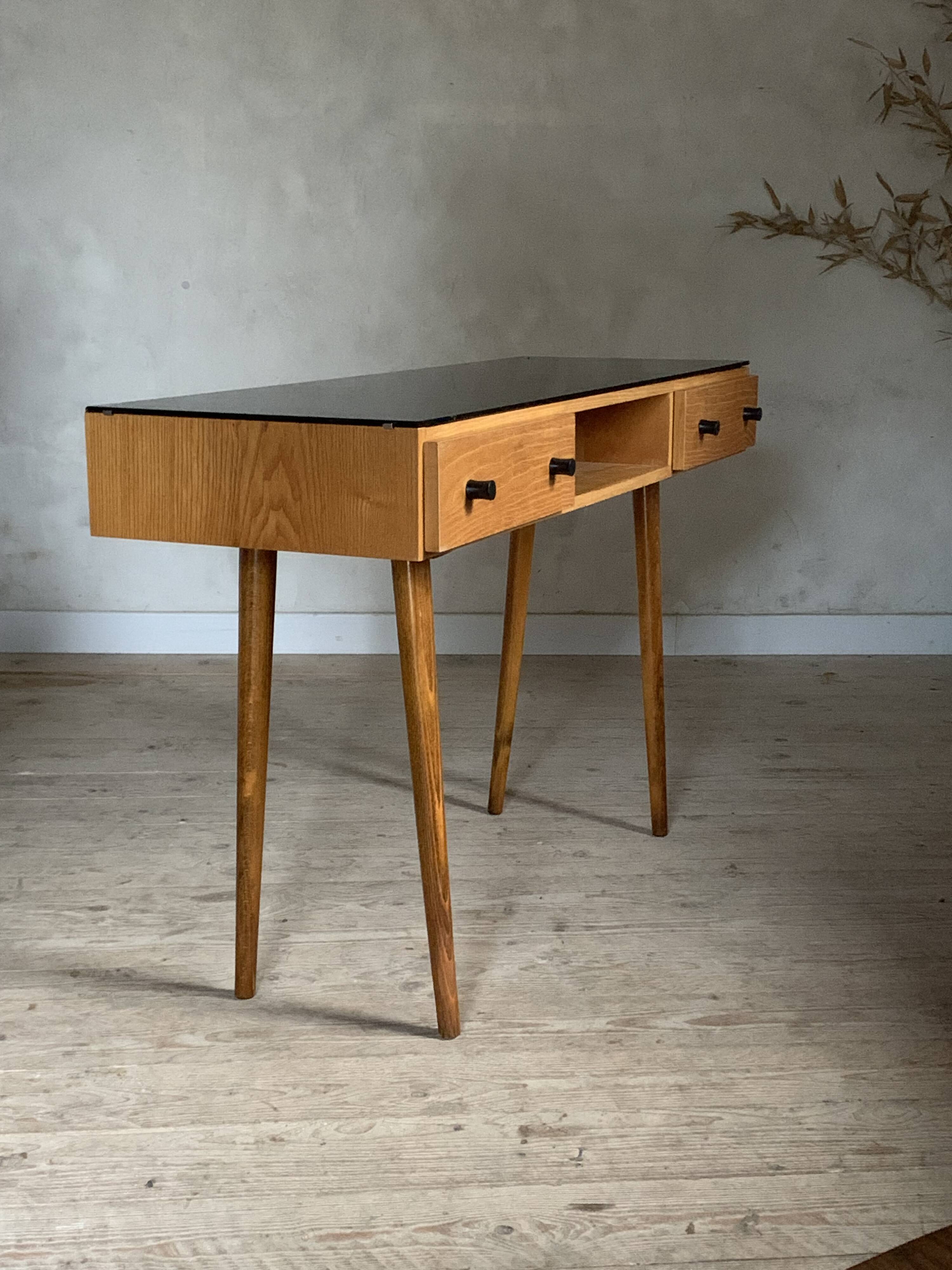 Bureau vintage pied compas en chêne