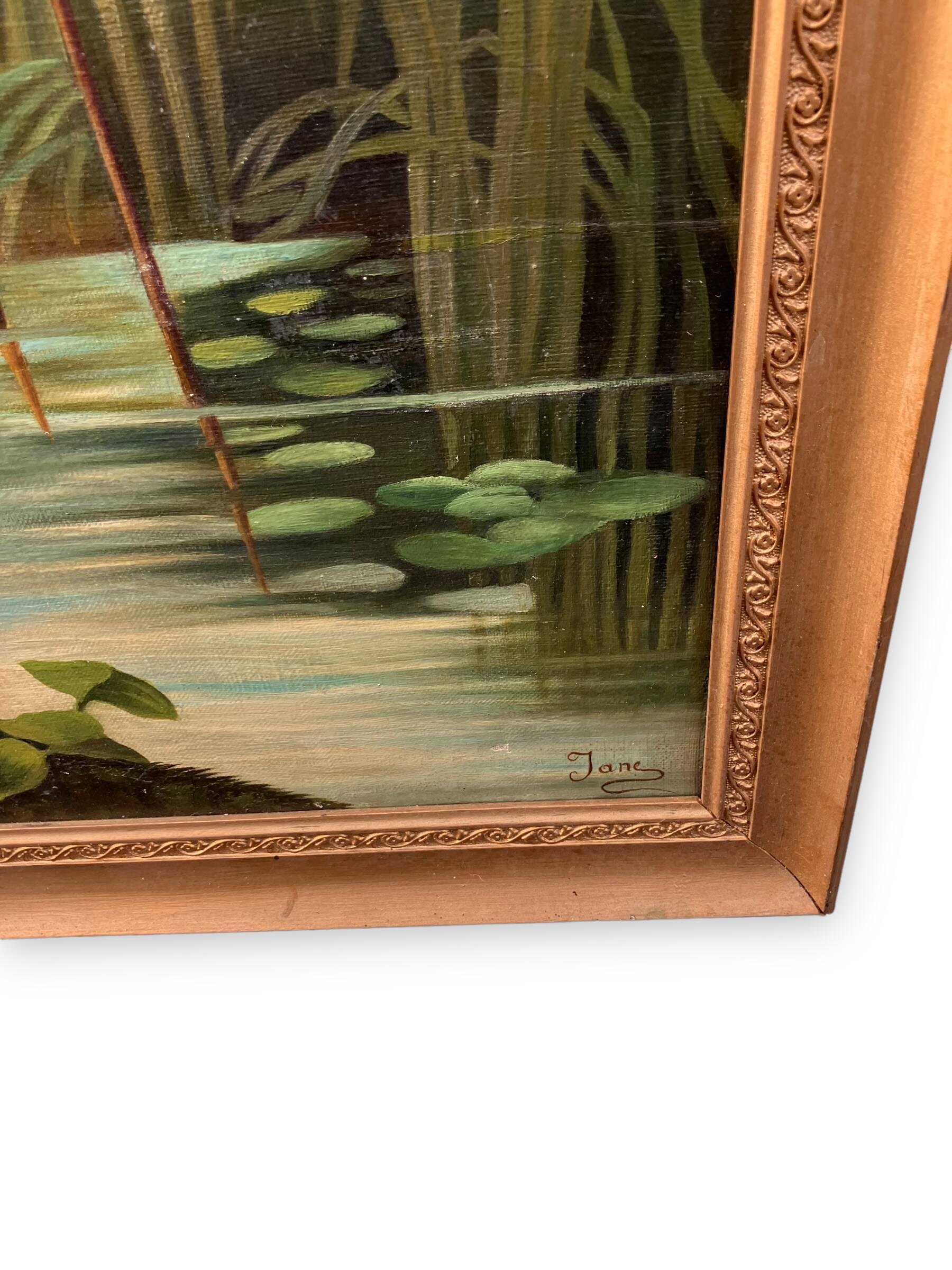 Pair of Japanese Oils On Canvas Birds By The River signed JANE