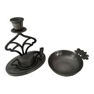Pewter tastevin and candle holder, pen holder with pewter inkwell