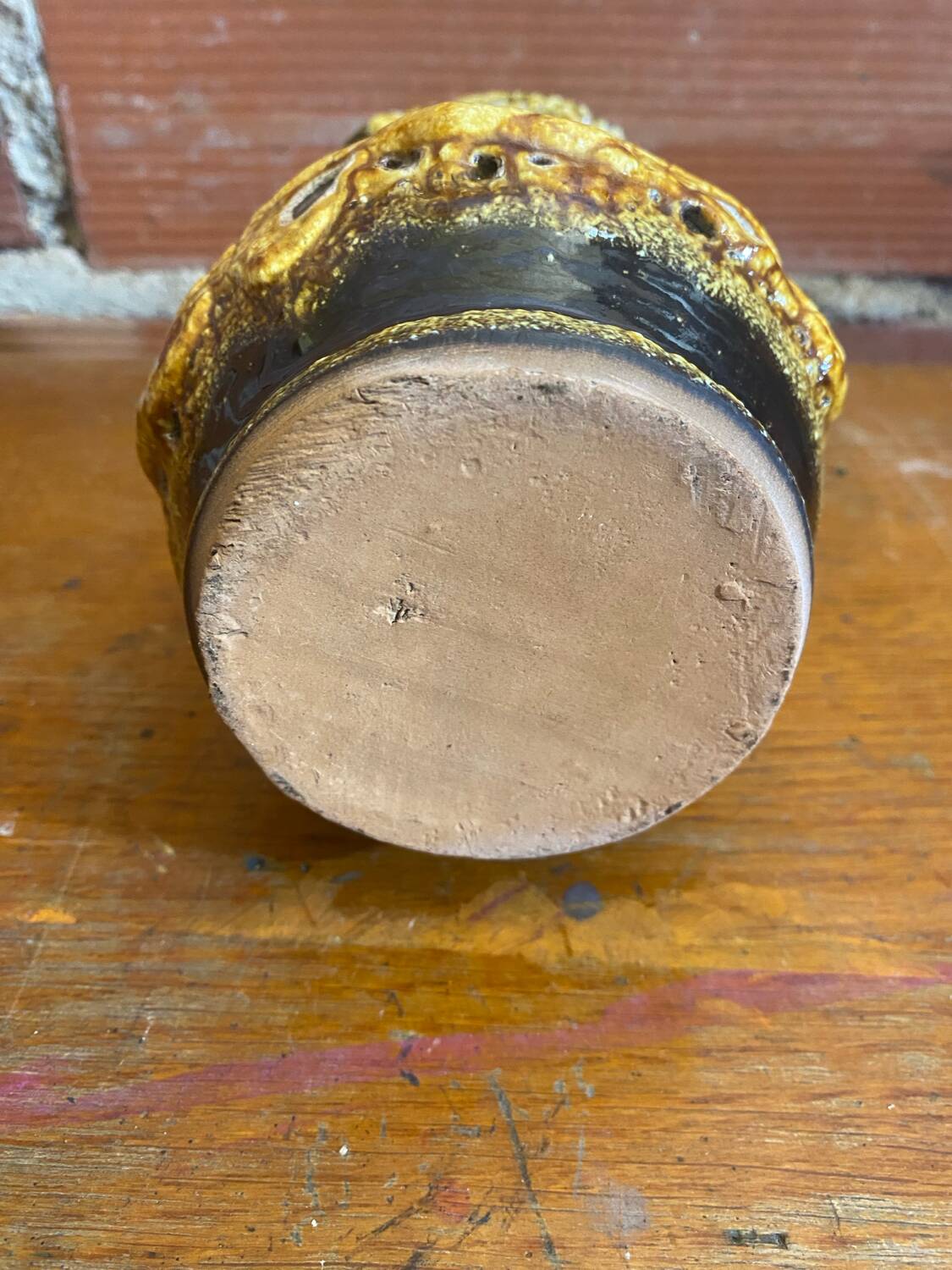 Antique pitcher cyclops enamels honey yellow vallauris fat lava vintage