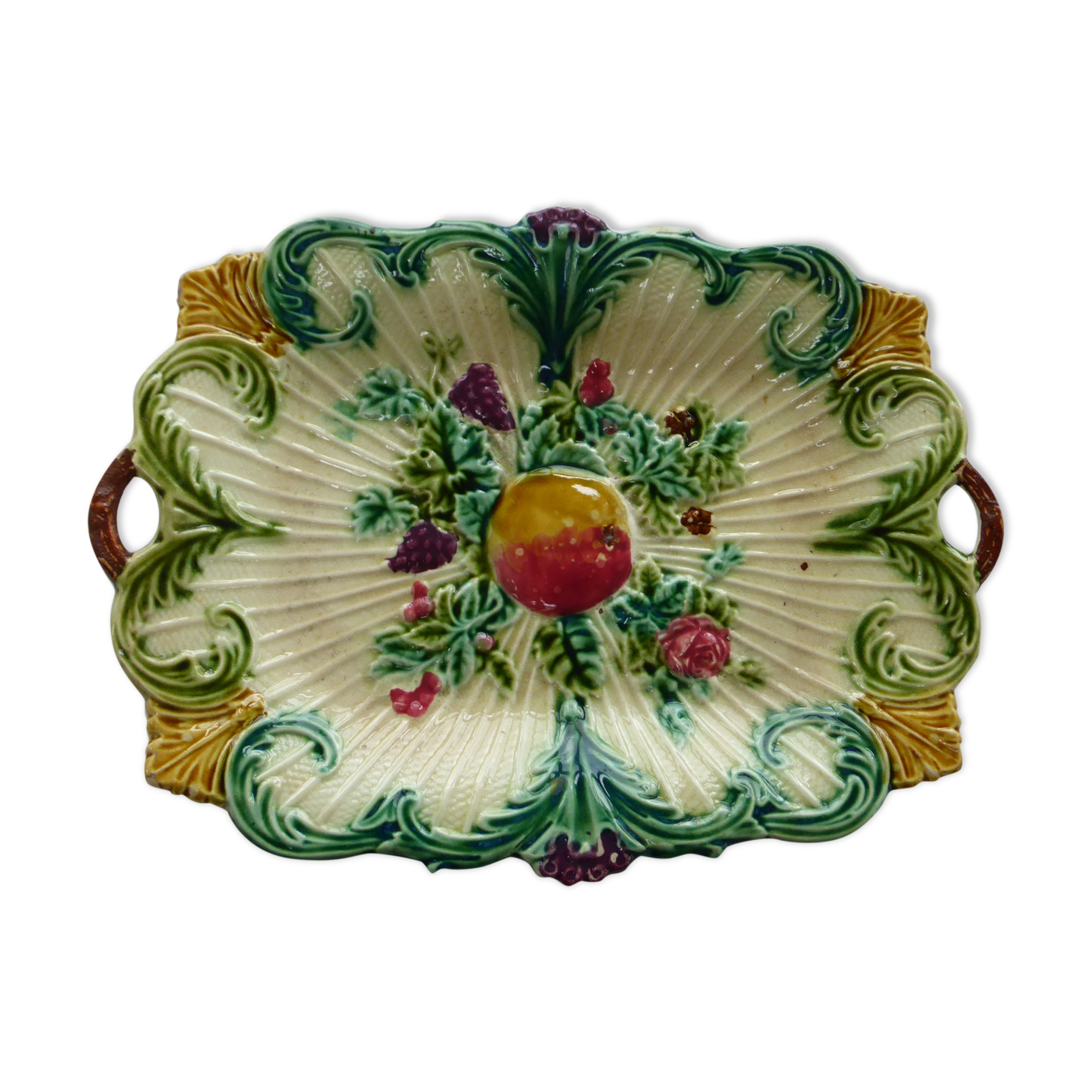 Fruit cut, dish in rectanguary shape, fruits and flowers, art deco