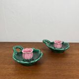 Duo of Barbotine candlesticks in Art Nouveau style or inspired by naturalism
