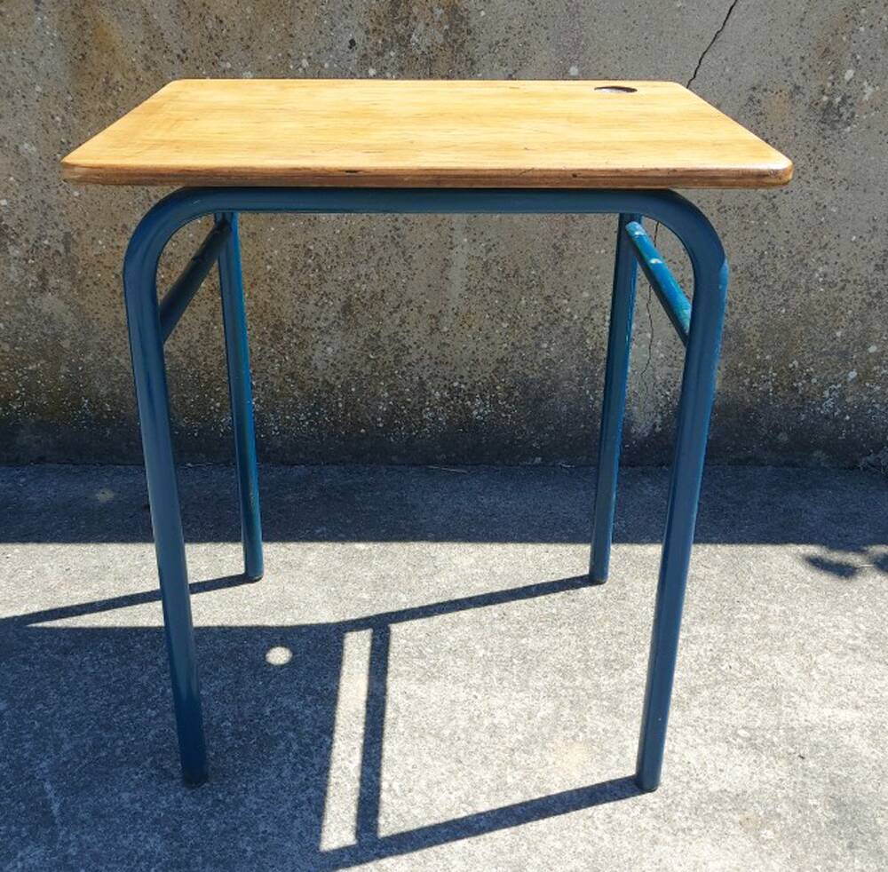 School table, wooden desk, metal, vintage, industrial style, 50s
