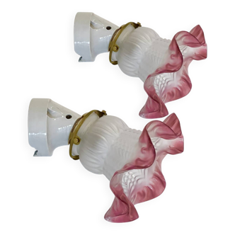 Pair of porcelain wall sconces and Art Deco pink glass tulip shades