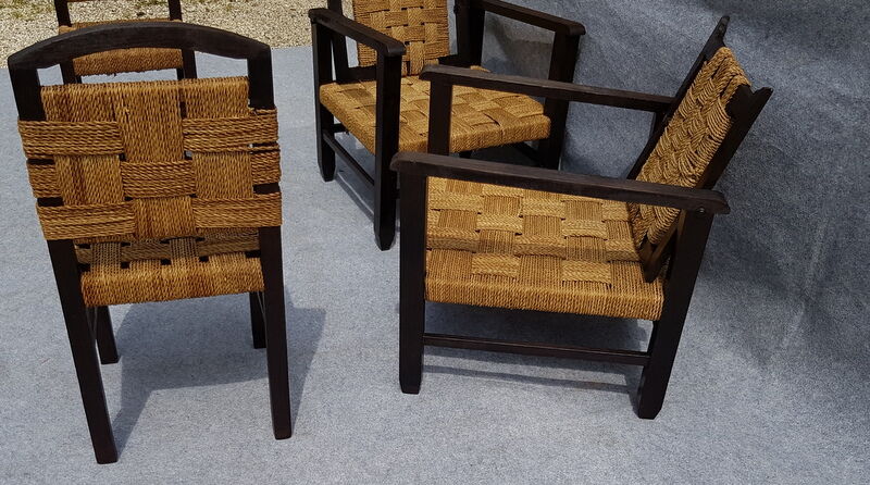 Set of chairs and armchairs from 1940, wood and woven vegetable rope
