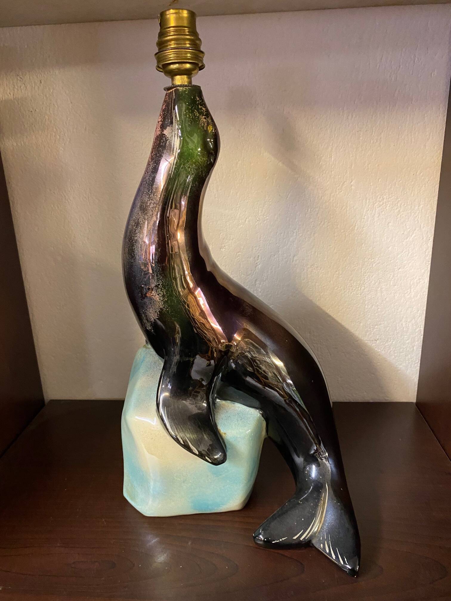 1950s Ceramic Sea Lion Lamp with Black Varnished Enamel, Signed
