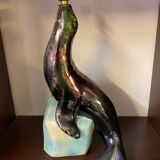 1950s Ceramic Sea Lion Lamp with Black Varnished Enamel, Signed