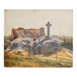 Huile sur carton 1930 représentant un calvaire breton et une chaumière