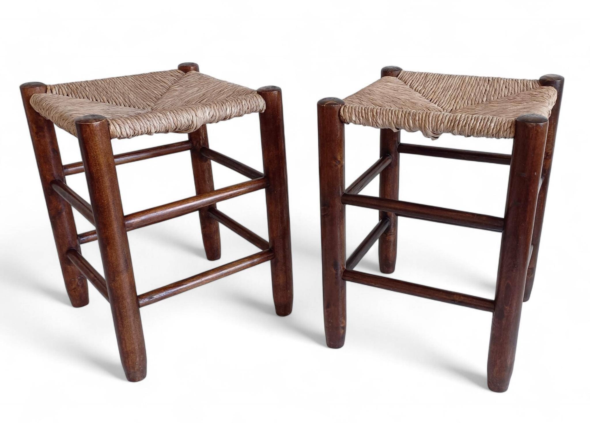 Charlotte Perriand Style, Pair of Rustic Wood and Straw Stools, France, c. 1950s
