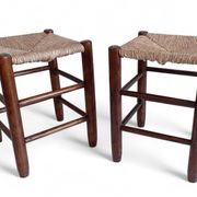 Charlotte Perriand Style, Pair of Rustic Wood and Straw Stools, France, c. 1950s