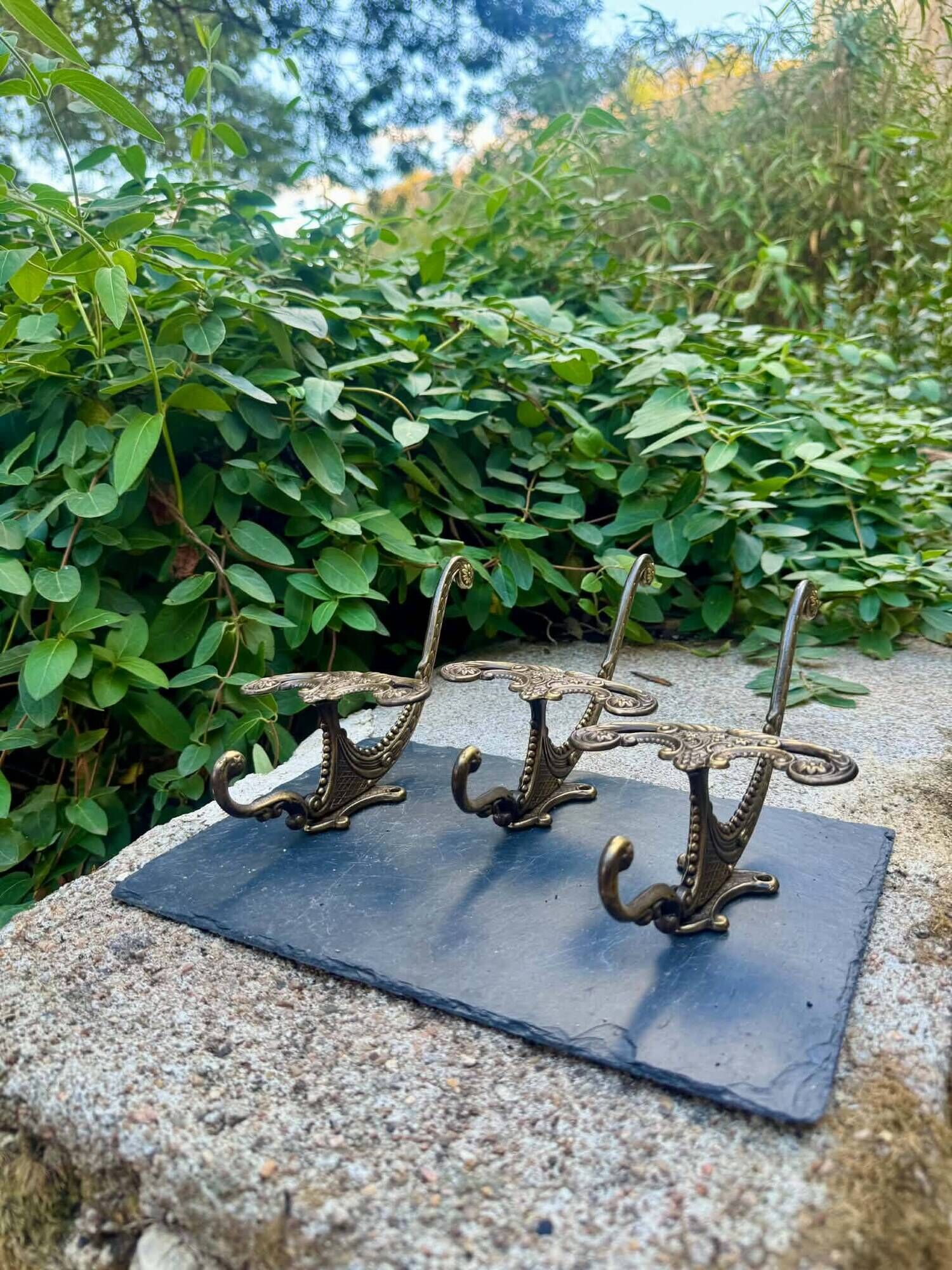 3 vintage Italian baroque brass coat hooks