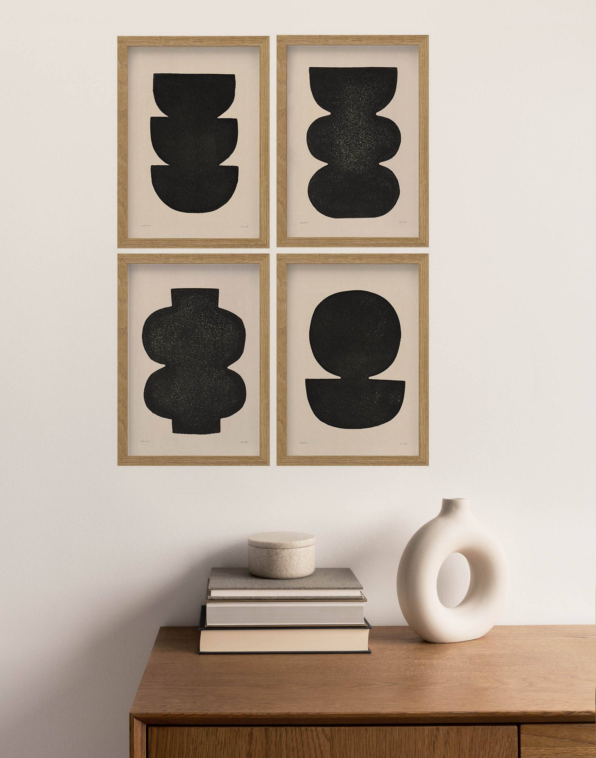 Collection of 4 black abstract paintings signed Eawy.