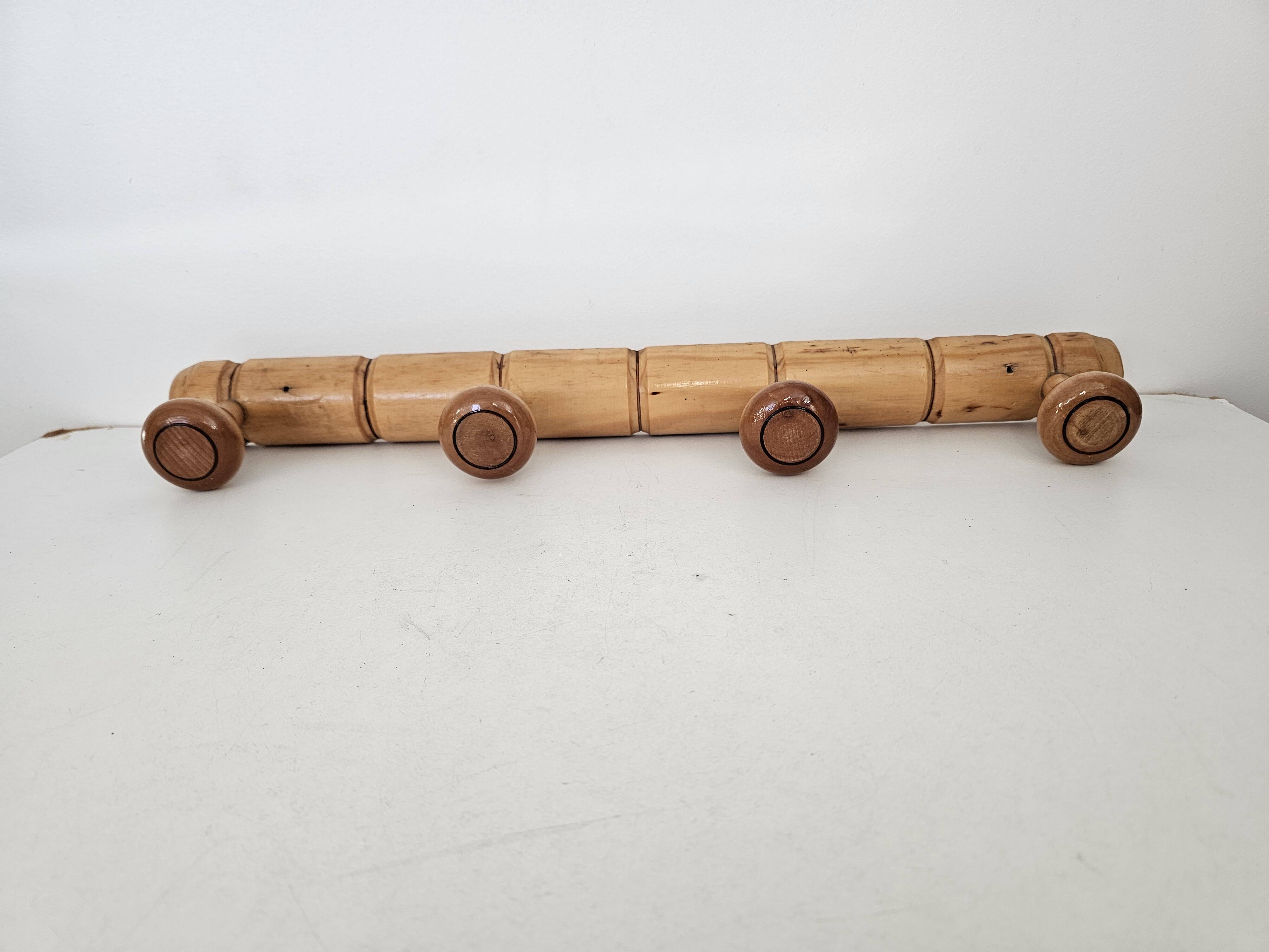 Vintage wooden wall coat rack in bamboo style (4 hooks) 50s 60s