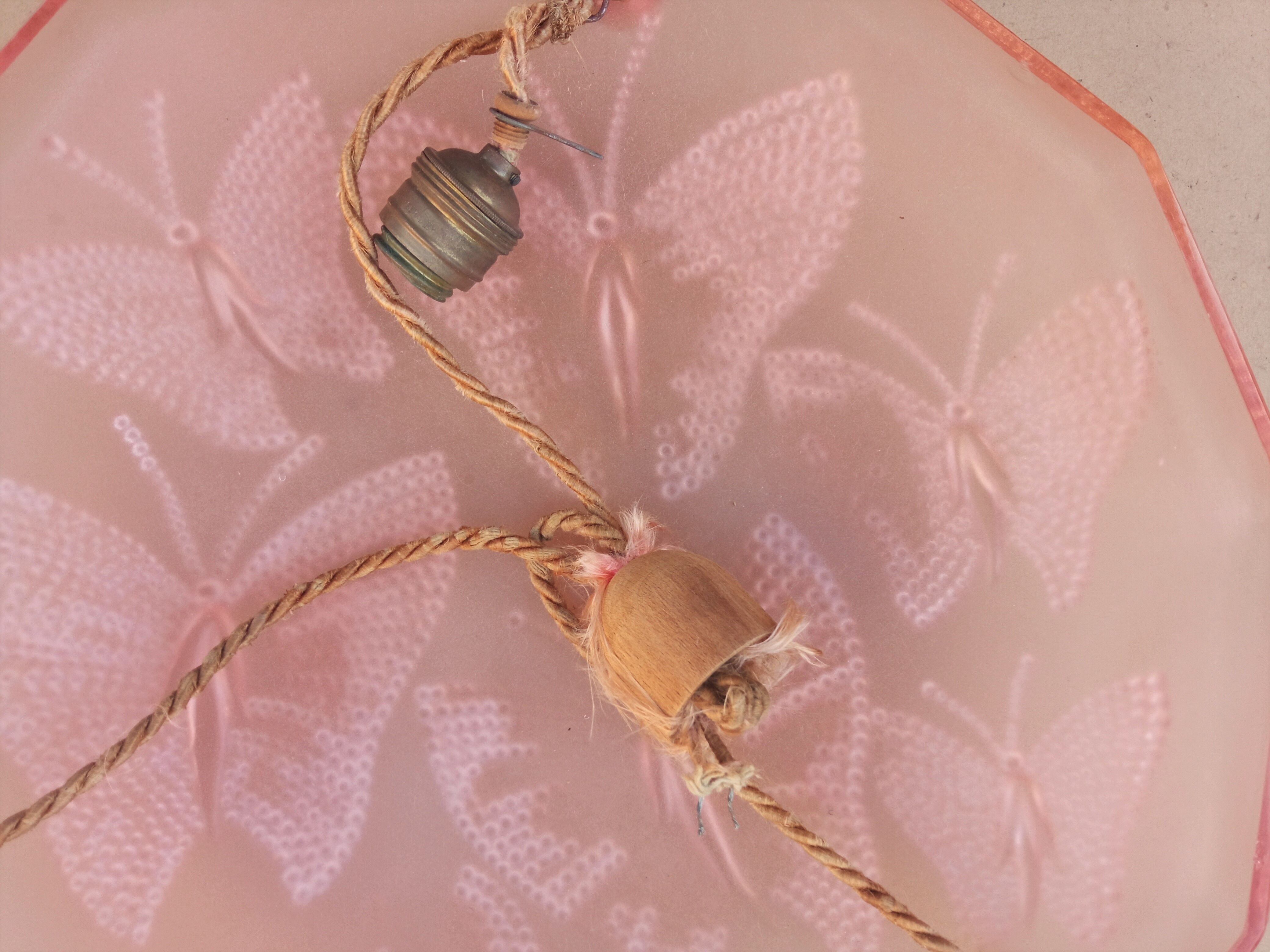 Art Deco ceiling lamp in pink pressed molded glass -