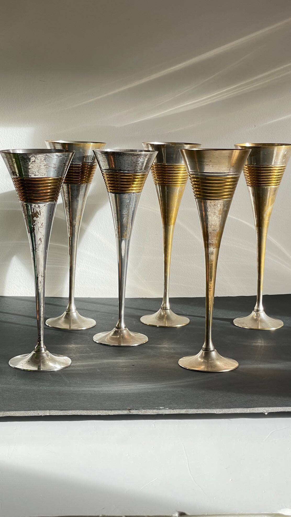 6 Vintage Silver-Plated Brass Champagne Flutes