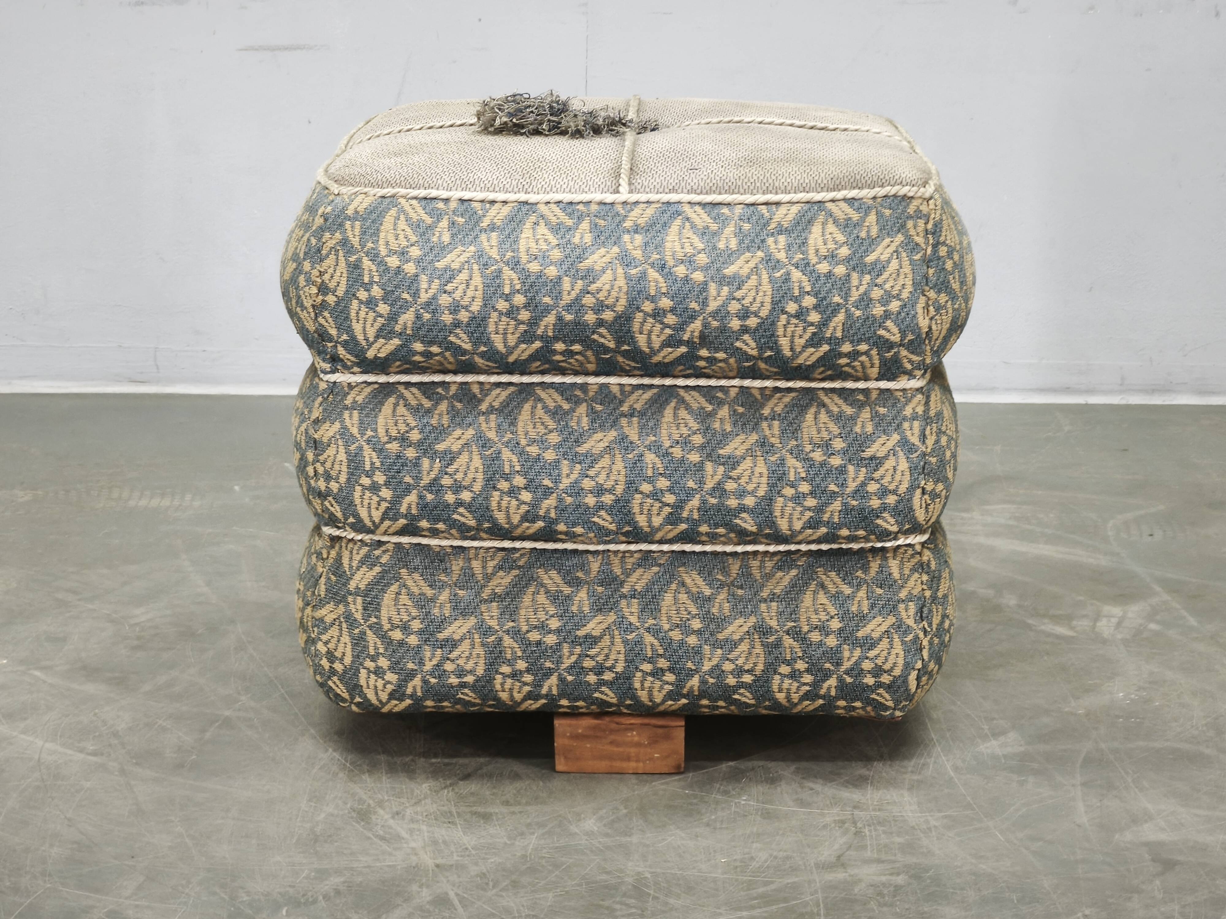 1930s Czech Art Deco Walnut Upholstered Footstool Ottoman