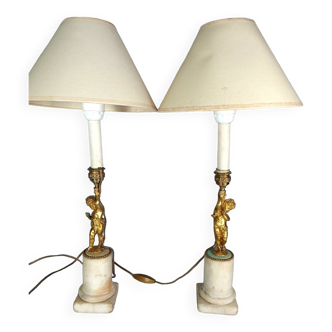Pair of gilded bronze cherub lamps on marble louis xvi style, 19th century b685