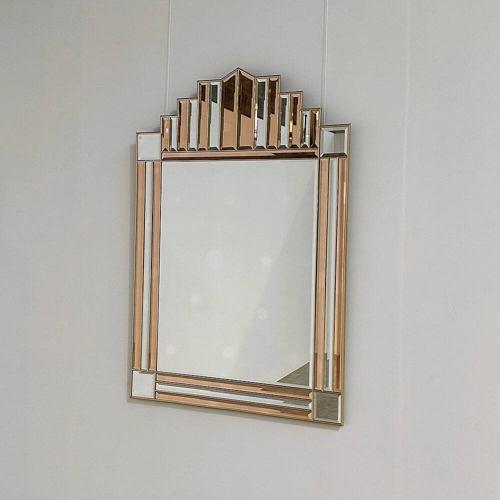 Art Deco style peach & clear bevelled mirror with brass frame, 1980s