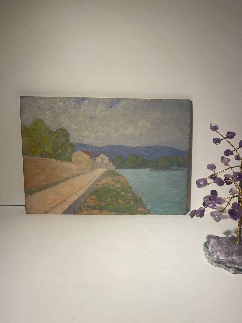 Tableau ancien, double face, paysage bord de Saône, début XX siècle